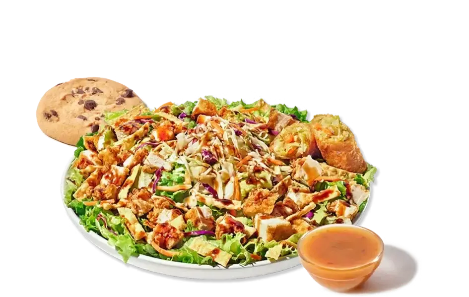 :
Boxed lunch with Asian salad, crispy chicken, wonton strips, cookie, and drink