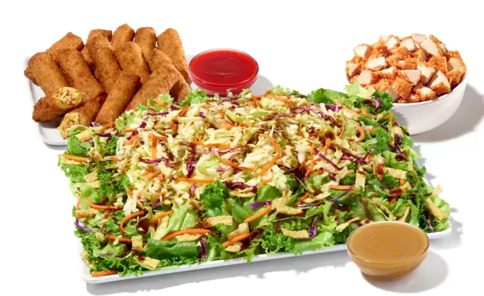 Asian salad platter with chicken, mixed greens, mandarin oranges, wonton strips, carrots, Texas toast, and Asian dressing