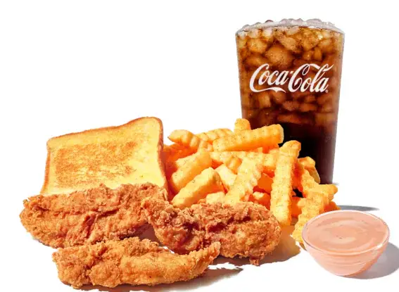 Meal platter with chicken tenders, thick Texas toast, crinkle-cut fries, Zax sauce cup, and a beverage.