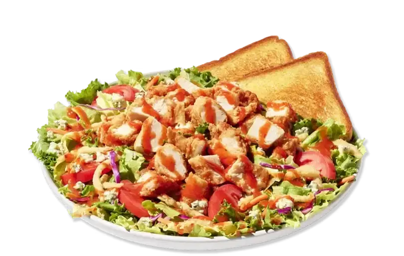 Fresh garden salad with crumbled blue cheese, crisp lettuce, cherry tomatoes, and red onions on a white plate.