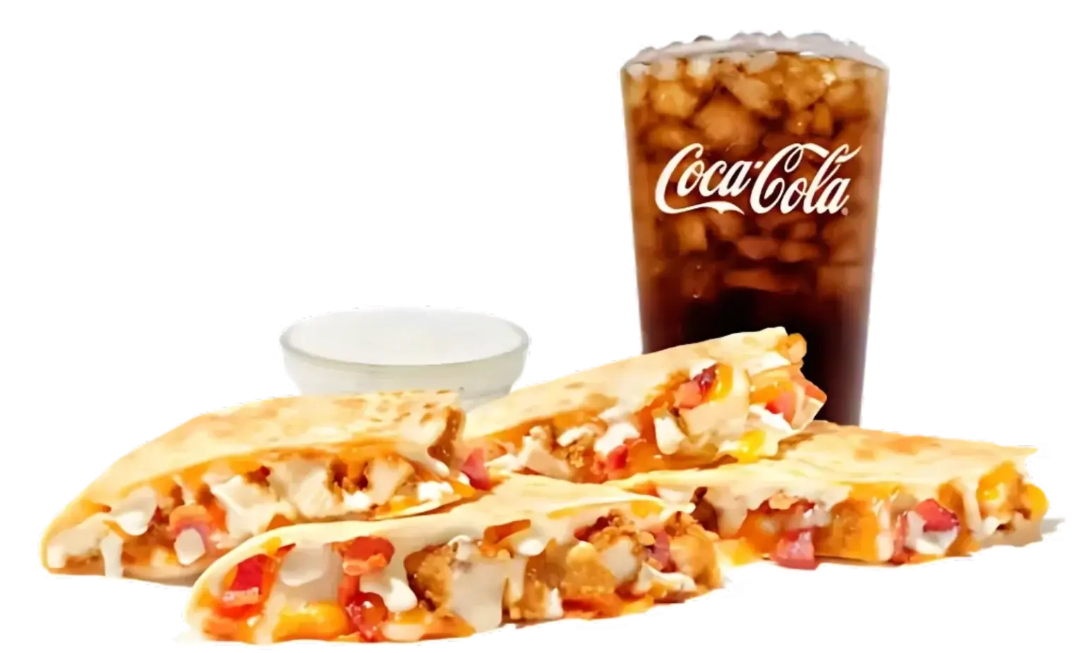 Grilled quesadilla with chicken, bacon, and ranch, cut into triangles"