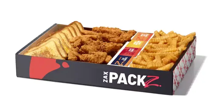 Zaxby's Chicken Fingerz Zax Pack with crispy hand-breaded chicken tenders, dipping sauce, and sides