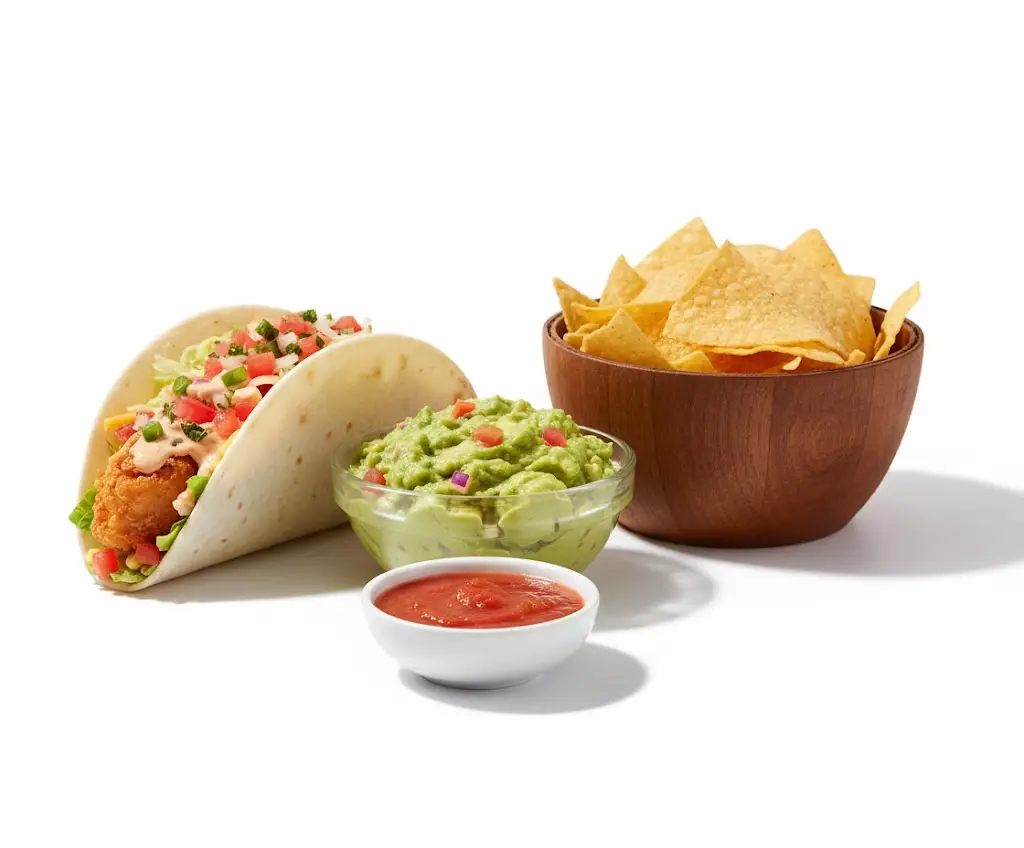 :
Chicken taco with guacamole and shredded cheese, served alongside tortilla chips on white plate.