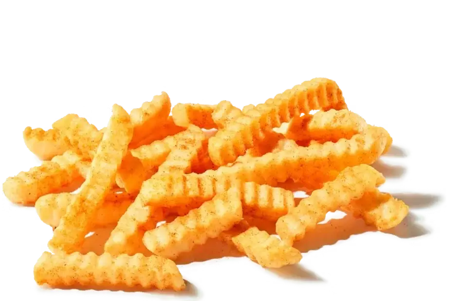 "Serving of golden crinkle-cut French fries with wavy ridges"