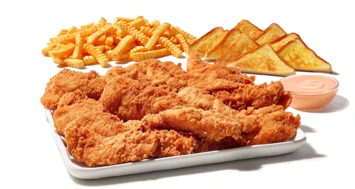 Family pack with multiple servings of chicken fingers, fries, coleslaw, and dinner rolls