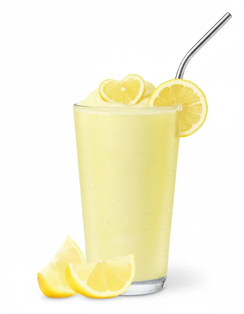 Frozen lemonade in a glass with lemon wedge garnish.