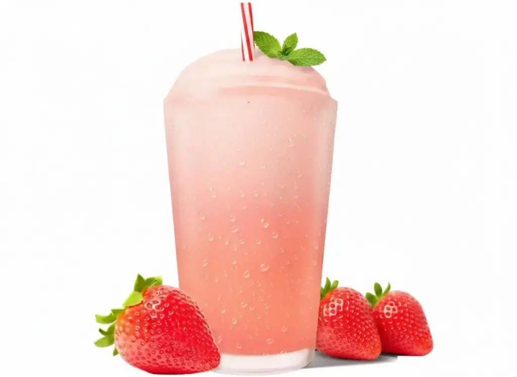 Frozen strawberry lemonade in a glass with strawberry and lemon garnish.