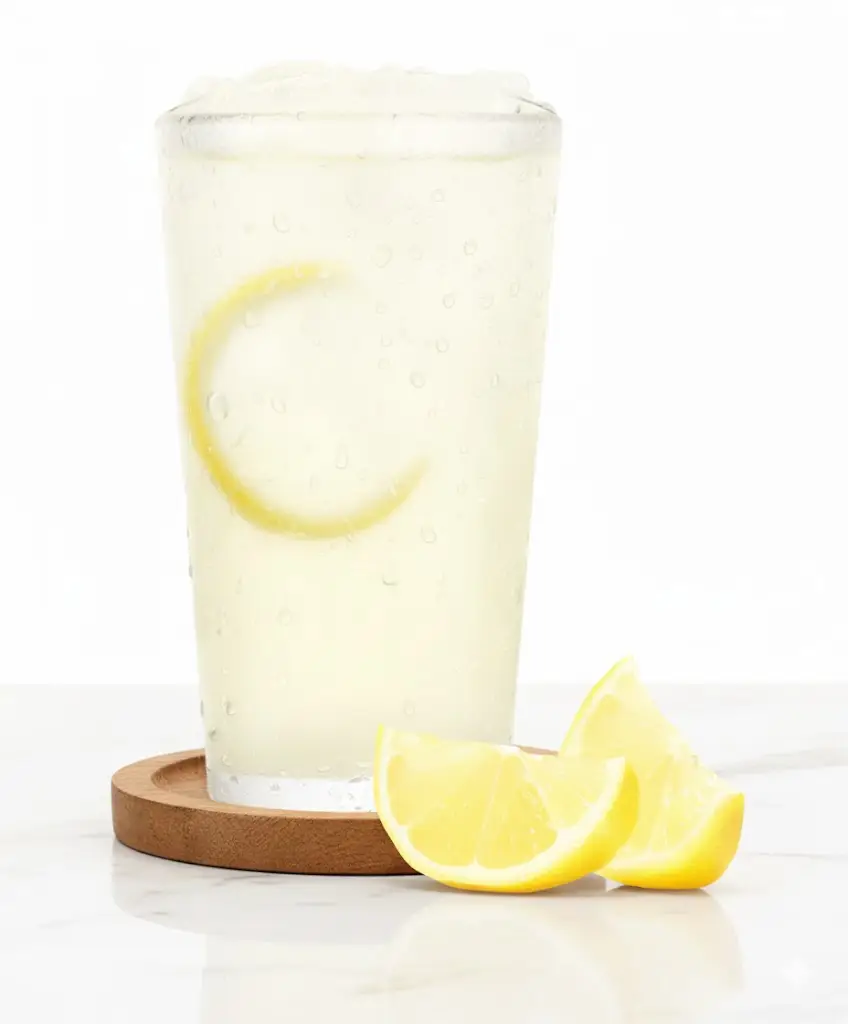 A glass of handcrafted lemonade with ice and lemon slice