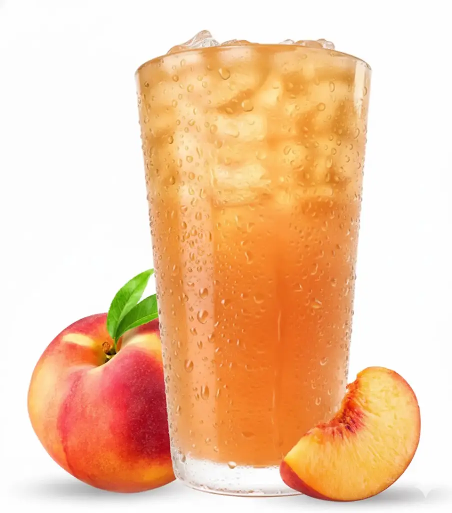 "Glass of handcrafted peach sweet tea with ice"