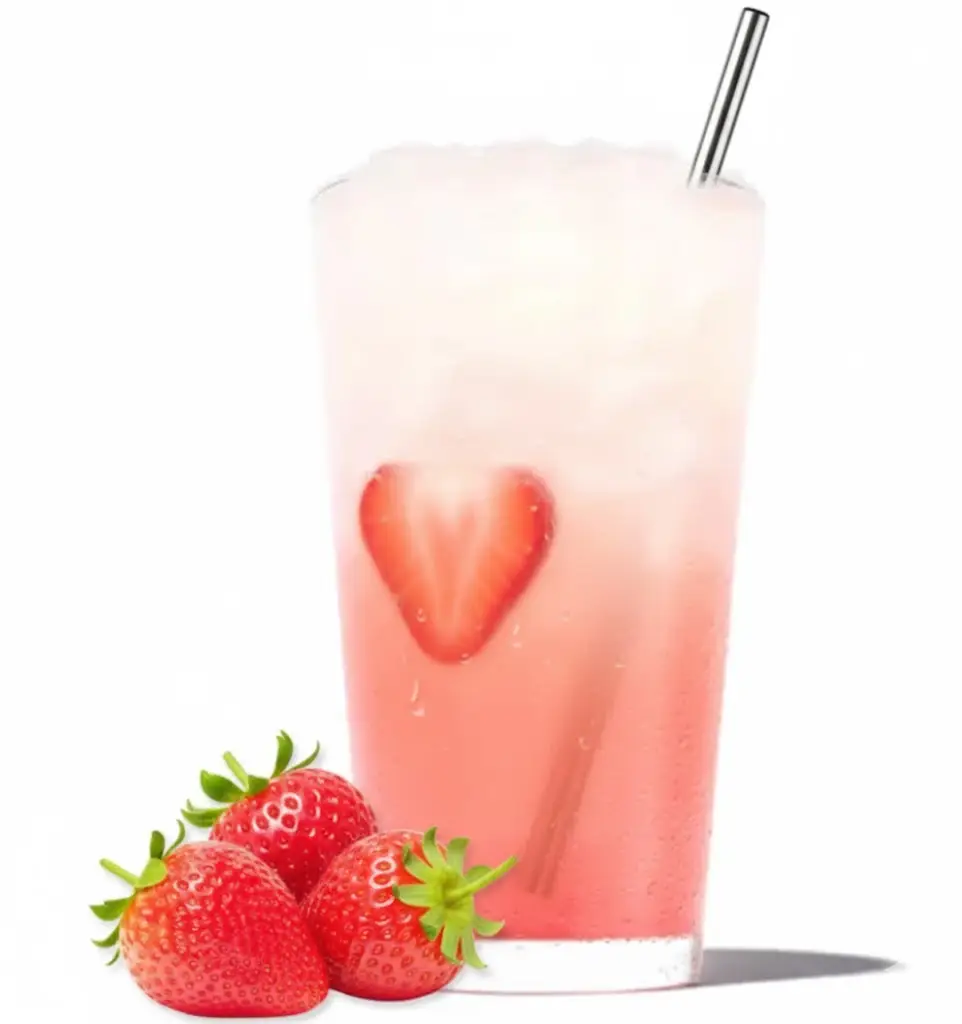 Handcrafted strawberry lemonade with fresh strawberries and lemon slices.