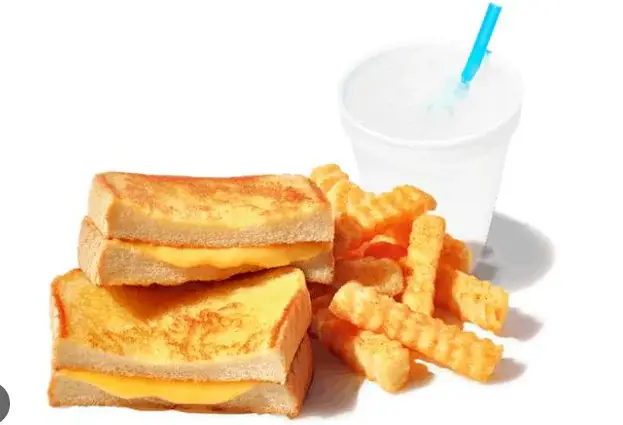 Kids cheese sandwich with melted cheese, served with fries and a drink