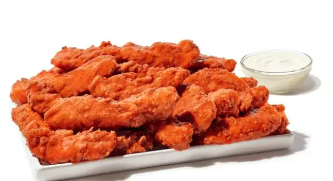 :
Platter with sauced chicken fingers, fries, coleslaw, Texas toast, and extra sauce