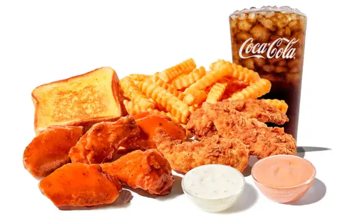 :
Chicken wings with fries, coleslaw, and a drink served as a complete meal combo