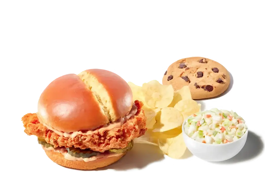 Boxed lunch with signature chicken sandwich, fries, cookie, and drink