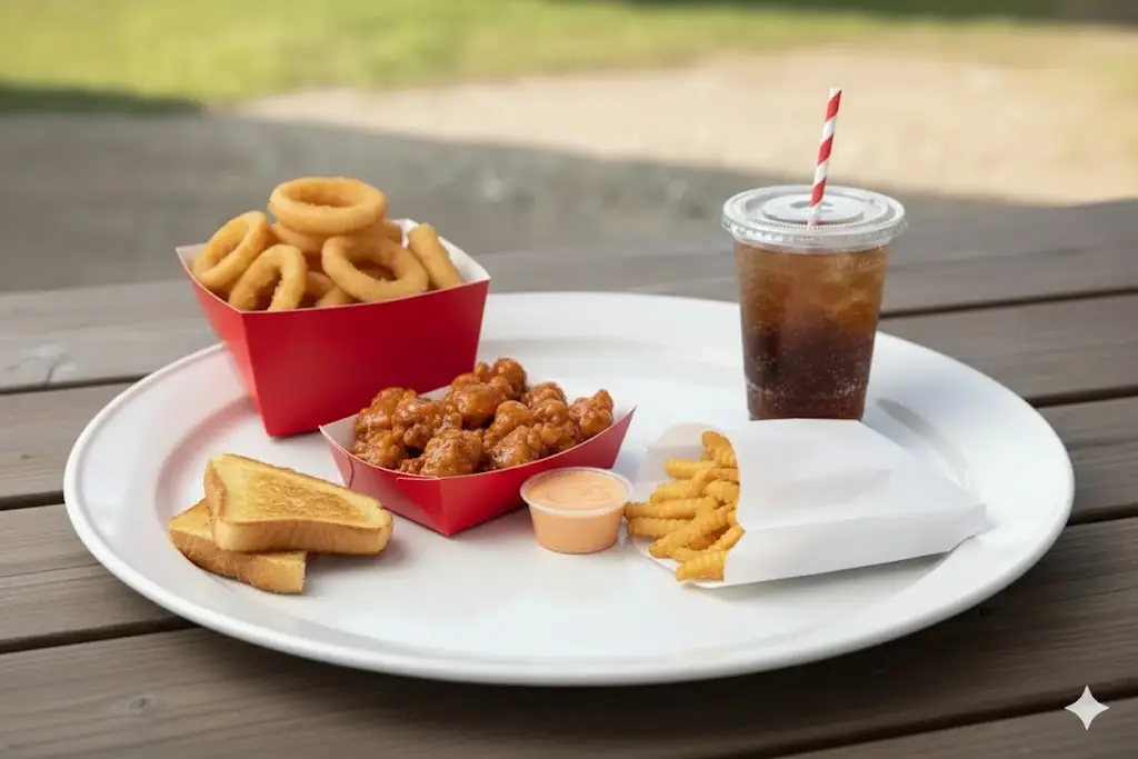 :
Zaxby's combo meal with breaded chicken tenders, crispy onion rings, dipping sauce, and beverage on tray.